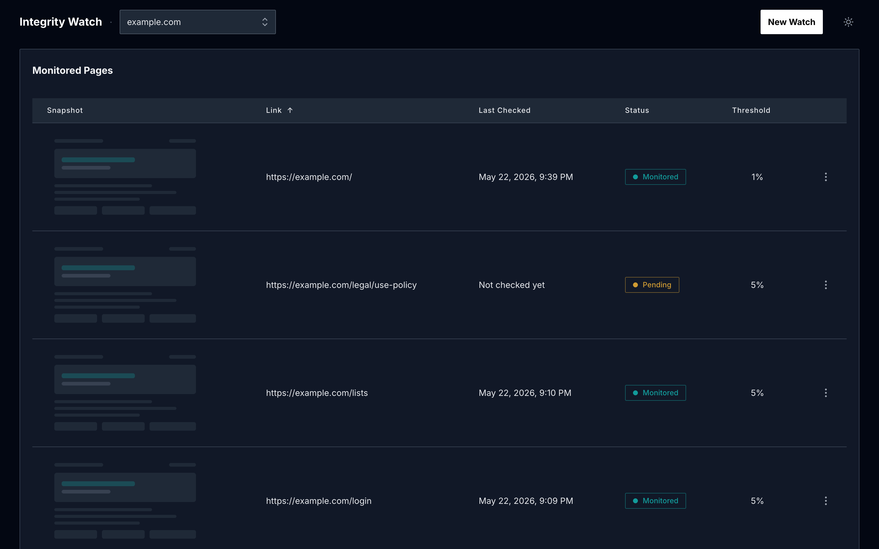 Integrity Watch dashboard showing snapshot history and detected page changes