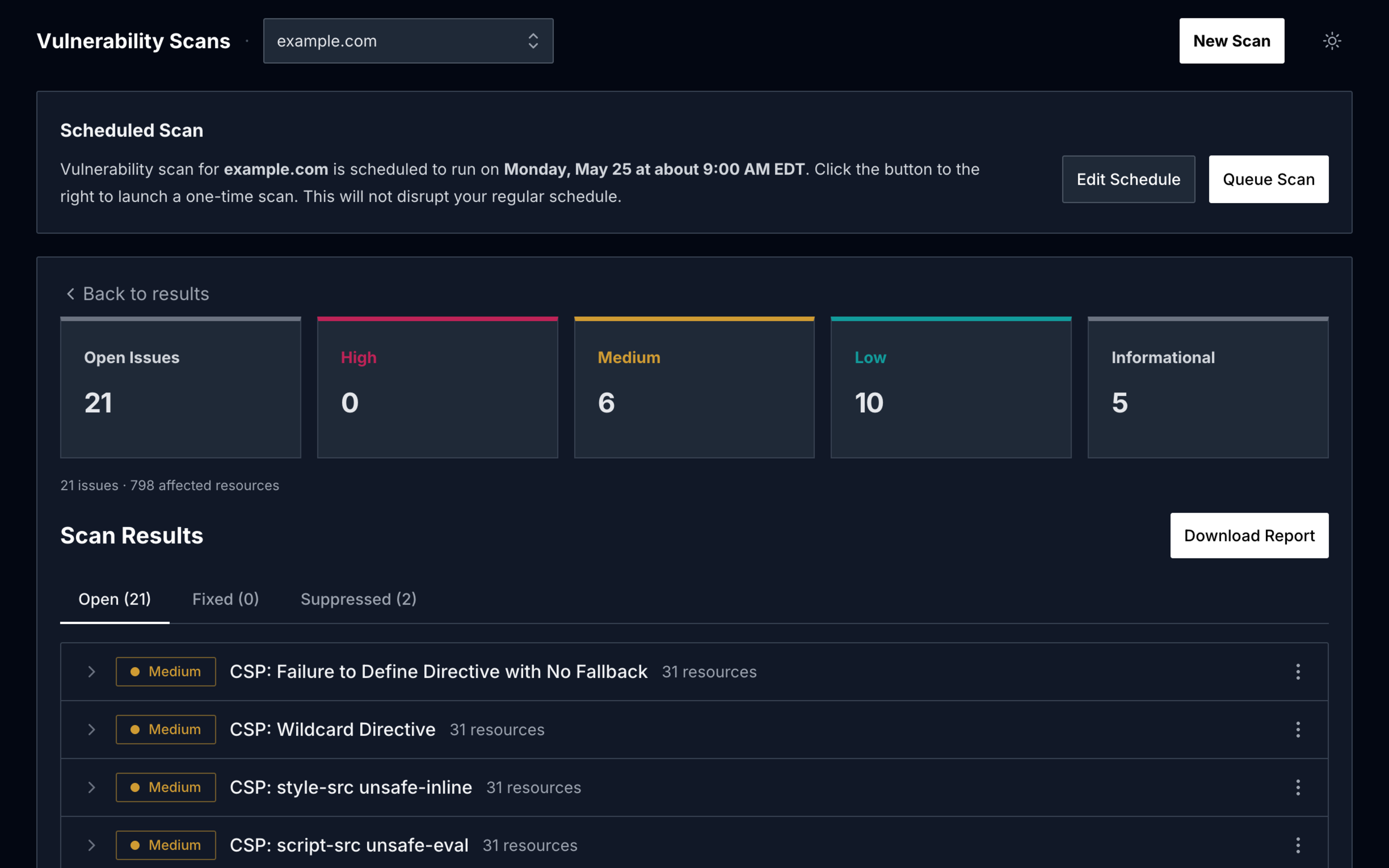 Vulnerability Scan dashboard showing severity counts and prioritized finding list